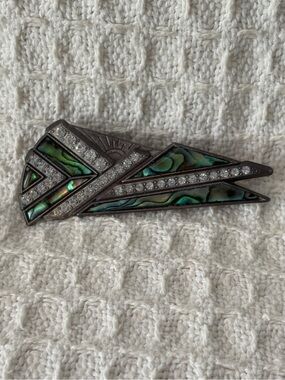 Vintage Nuri Art Deco Sunrise Abalone And Clear Rhinestone Brooch